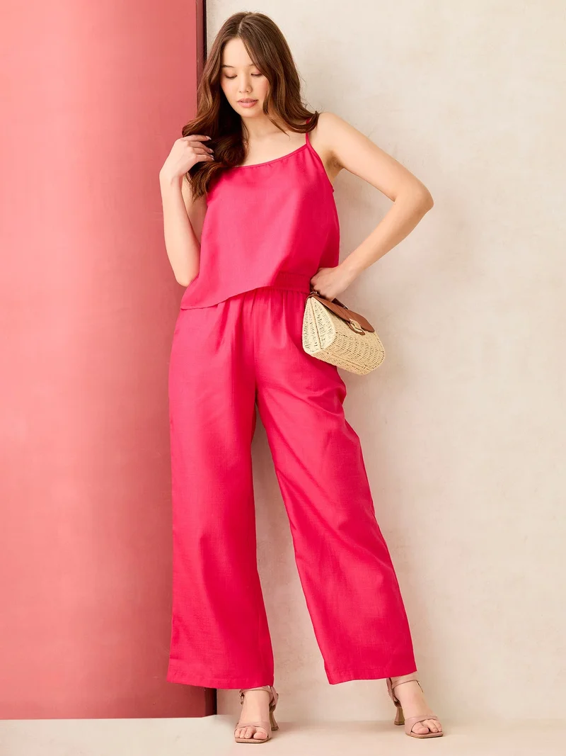 Outzidr  Pink Cami Top With Straight Pant Coord Set for Women | Best Price UAE